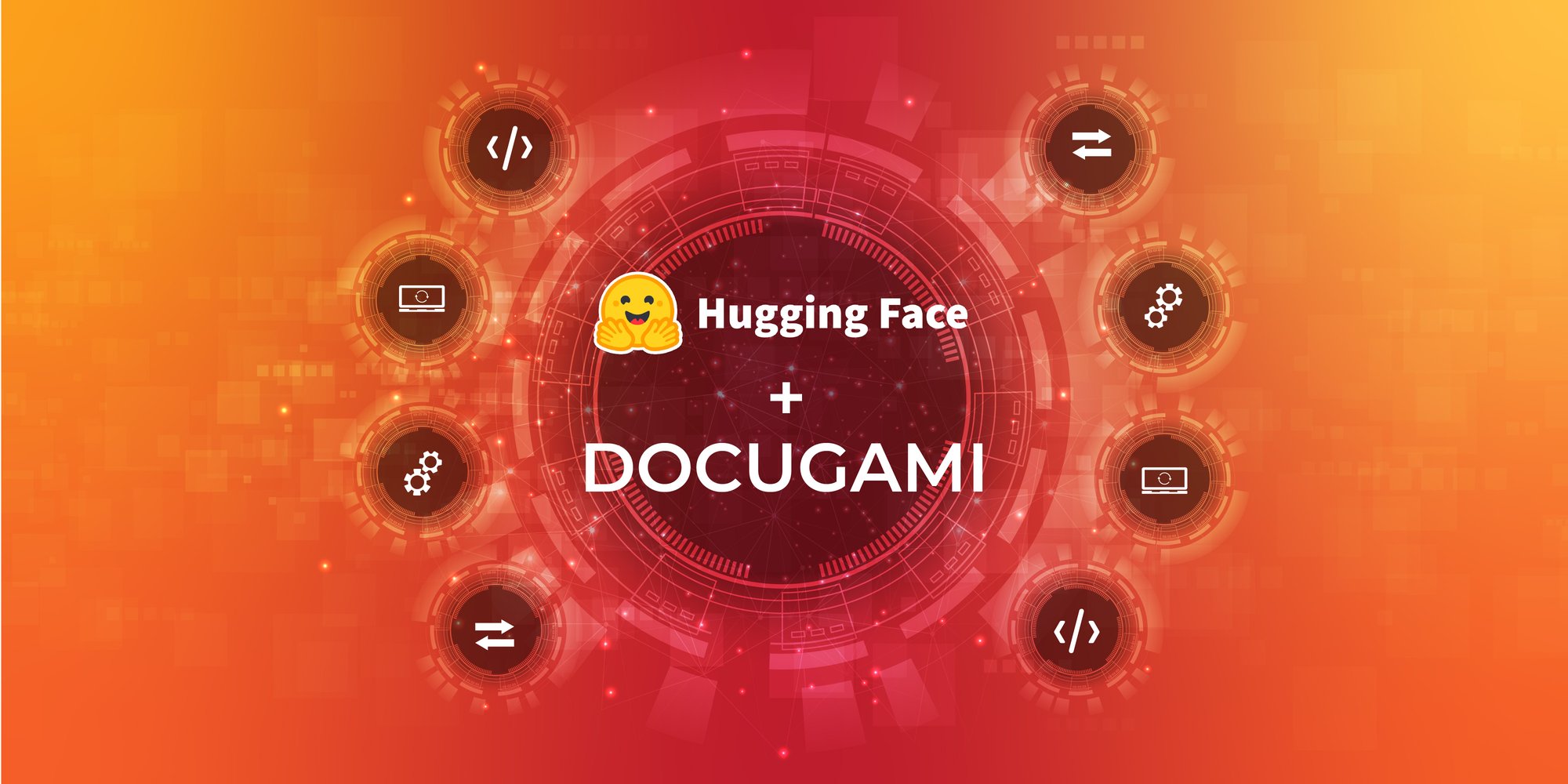 A digital image showing Hugging Face and Docugami in the center, surrounded by a variety of icons representing the ways developers will be able to transform business documents into data, harnessing the power of AI for business users.