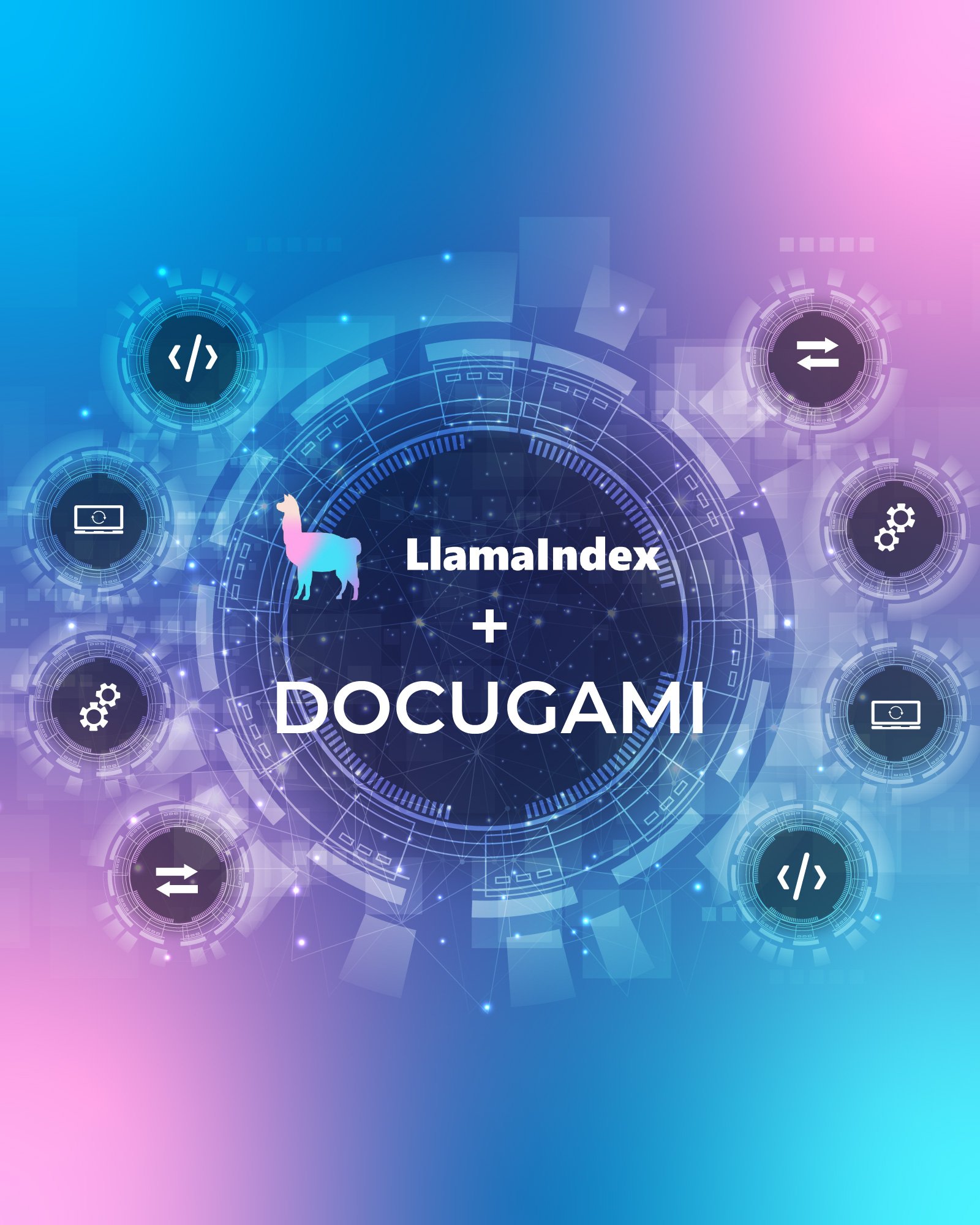 An image showing the LlamaIndex logo and name and the Docugami name superimposed over images of connected technology and icons of technology tools and processes