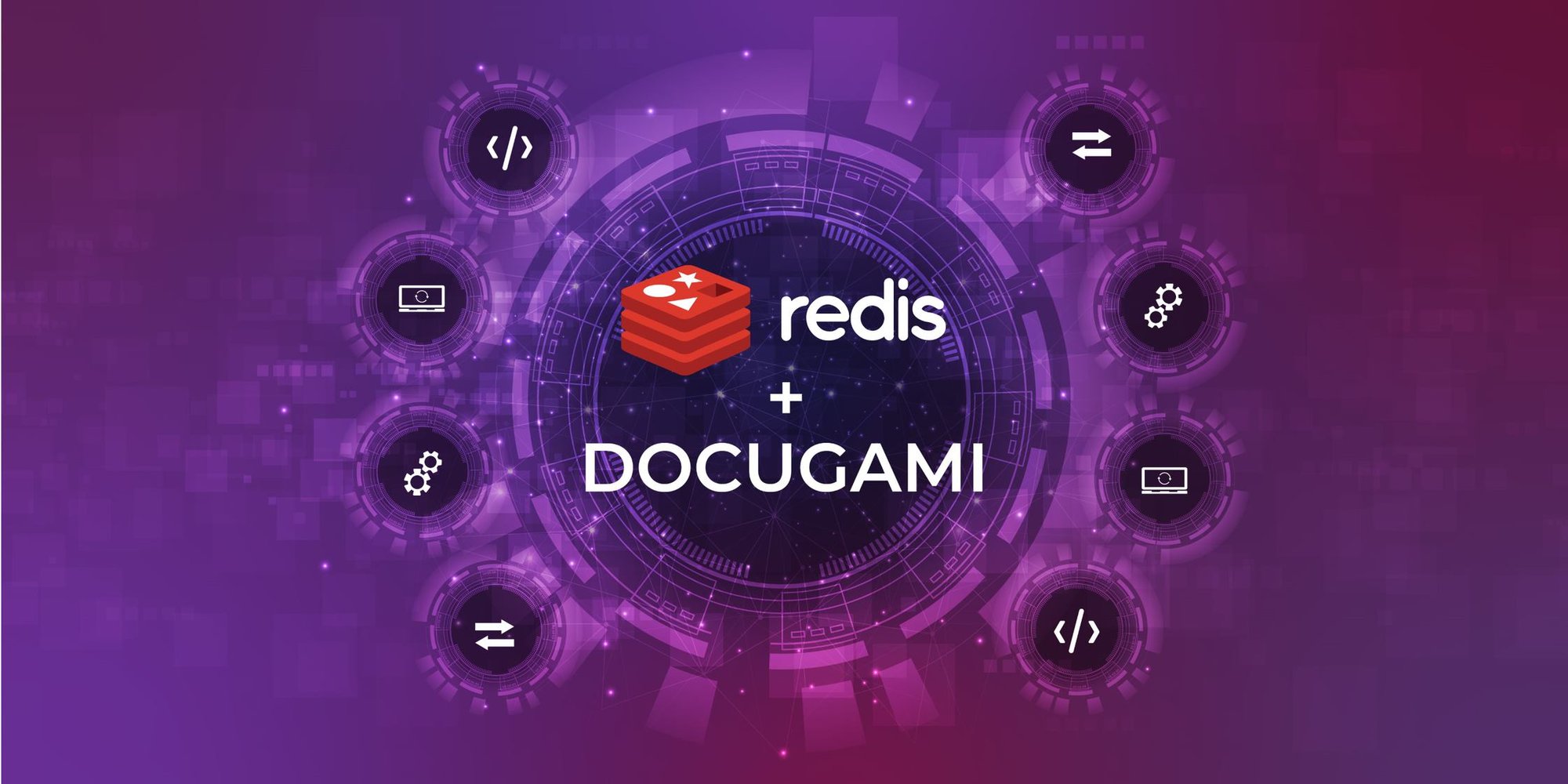The Redis logo and Redis name with Docugami, in an image of icons demonstrating various digital capabilities.